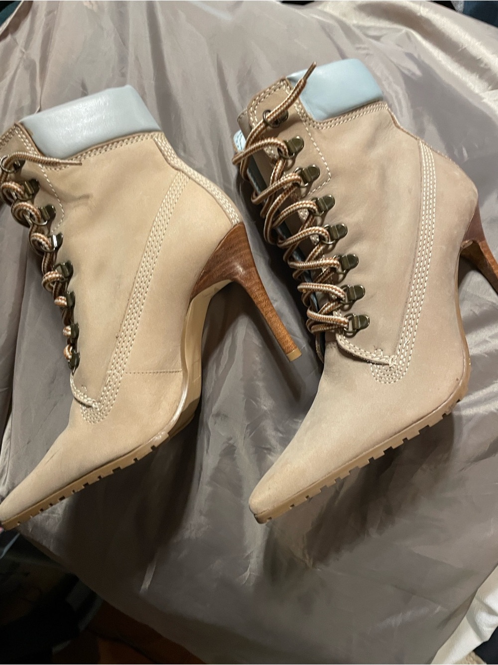 Beige Lace-Up High Heel Ankle Boots for Women